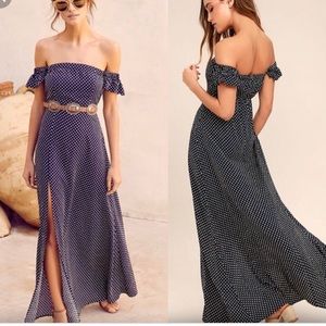 Navy Blue Polka Dot Off the Shoulder Maxi
